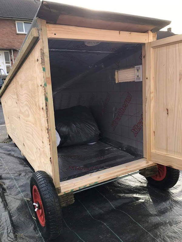 The shelter has a lock and can be moved on wheels