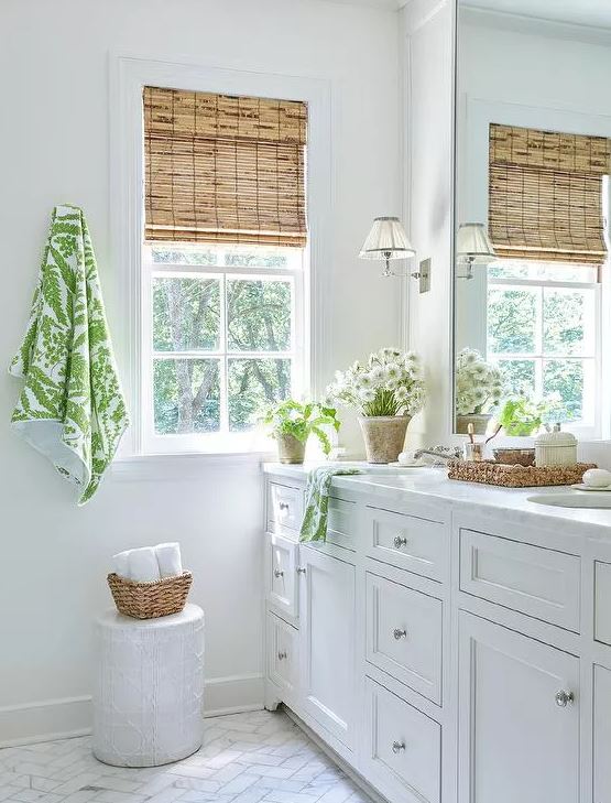 White Bathroom with Green Accents and Marble Herringbone Floor by Sarah Bartholomew - Bathroom Design Ideas