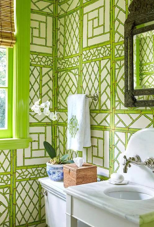 Green Powder Room with Green Trellis Bamboo Wallpaper by Sarah Bartholomew Design - Bathroom Design Ideas