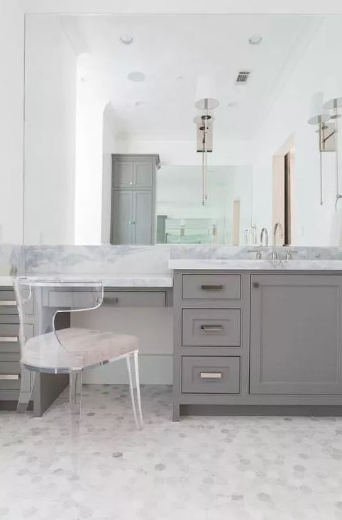 Gray Built In make Up Vanity with Lucite Klismos Chair by Talbot Cooley Interiors - Bathroom Design Ideas