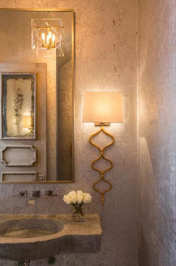 Mediterranean Powder Room with Gold Quatrefoil Wall Sconce by Talbot Cooley Interiors - Bathroom Design Ideas