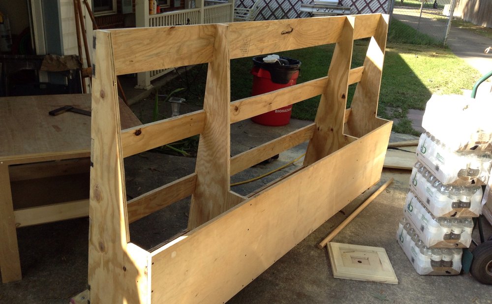 Scrap wood storage cart keeping offcuts organized by size in a workshop
