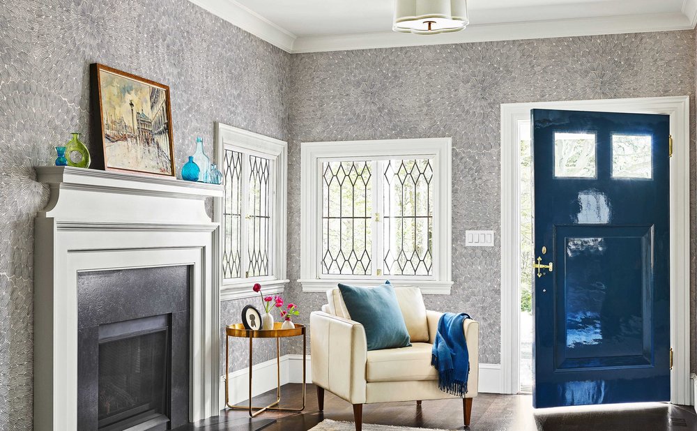 Insulated exterior mudroom door in a bold painted finish with a half glass lite